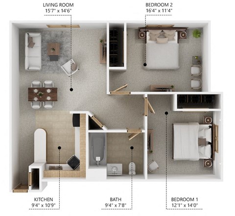 Floor plan for 2 beds, 1 bath, 860 sqft